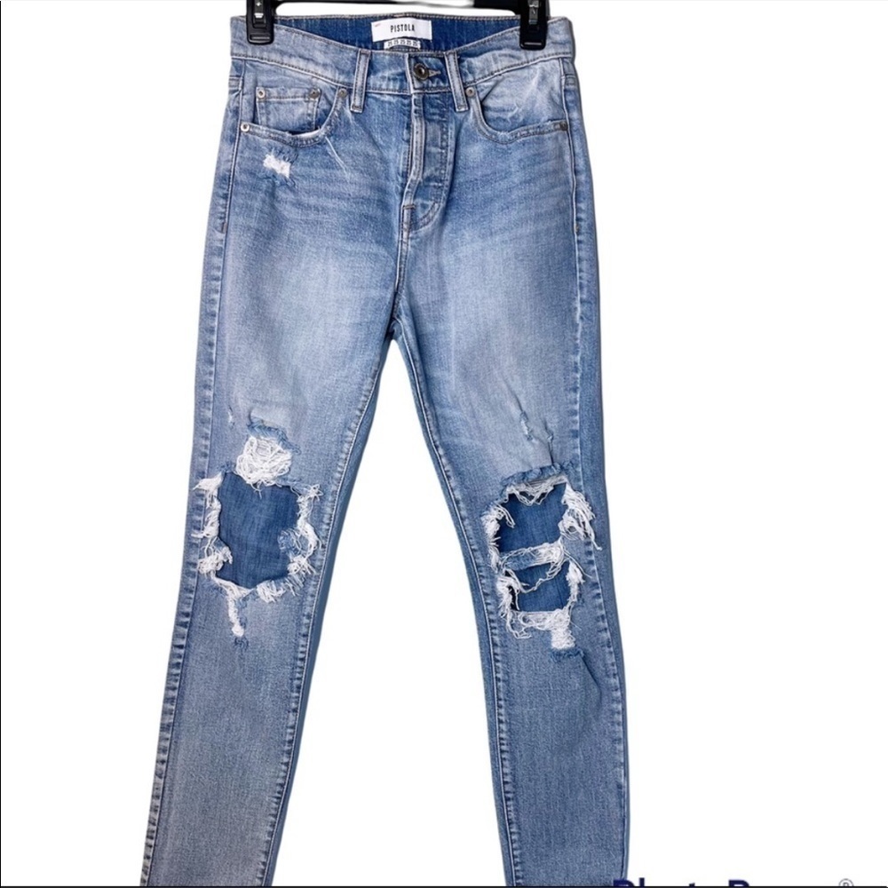 PISTOLA Distressed Button Fly High Rise Denim Jeans Size 25 in Medium Blue